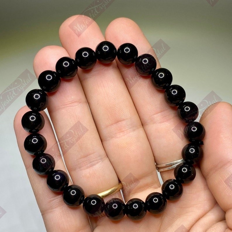 Black Obsidian Beaded Bracelet For Ability To Release Emotional, Physical, And Spiritual Blockages, Drawing Out Stress And Tension
